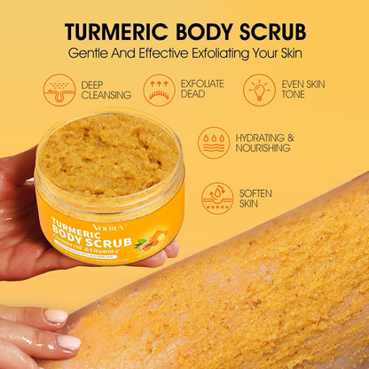 VOERUY Body Scrub, Turmeric Exfoliating Body Scrub, with Coconut Oil & Vitamin C, Bikini Area Exfoliator Gently Exfoliate Body Hand and Foot Scrub, Moisturized Skin for Women and Men, 11.28oz/320g
