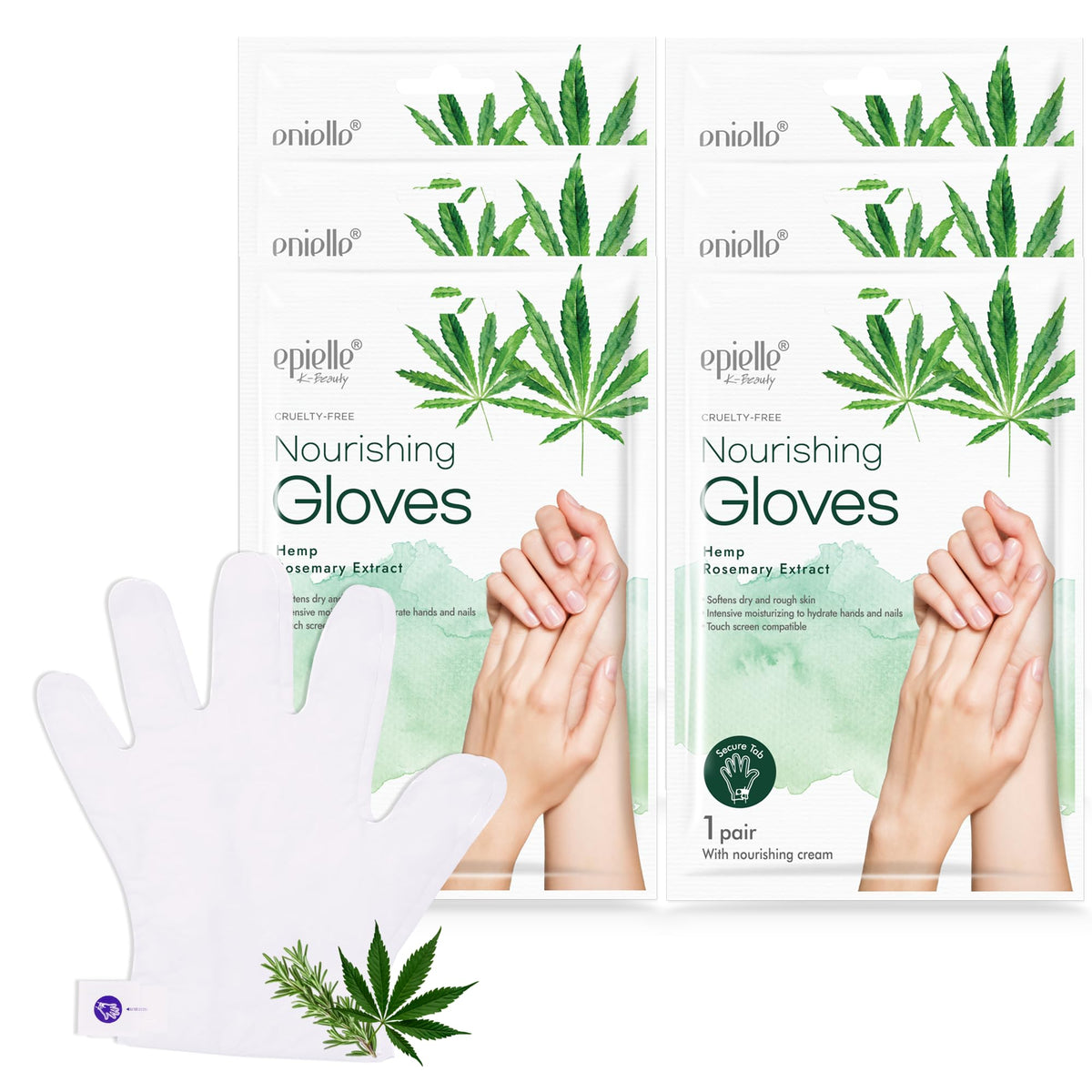 Epielle Nourishing Hand Mask 6 Pairs, Repair and Soften with Hemp & Rosemary Extract, Deep Moisturizing Gloves for Dry, Cracked Hands, Self Care Gifts for Women, Spa Kit