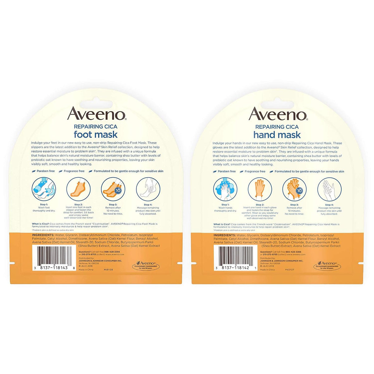 Aveeno Repairing CICA Foot Mask & Hand Mask with Prebiotic Oat and Shea Butter, for Extra Dry Skin, 1 ea