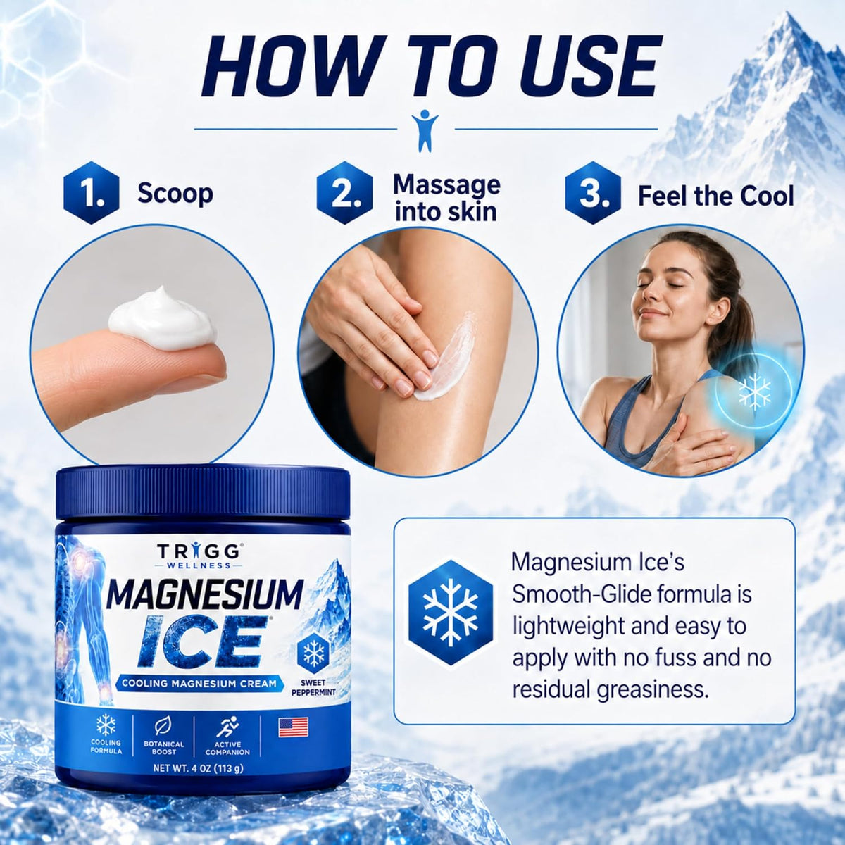 Magnesium Ice - Magnesium Cream - Cooling Formula with Arnica, Aloe, Lavender - Hands, Legs, Foot & More - Lightweight, Non-Greasy Massage Lotion - Sweet Peppermint - 4oz