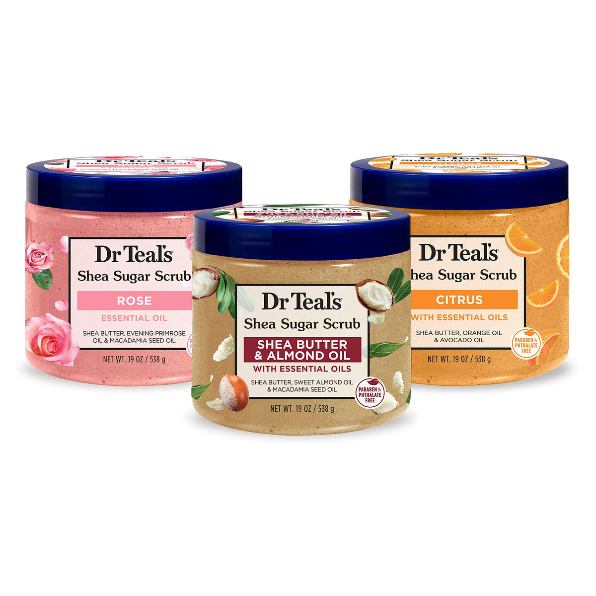 Dr Teal's Shea Sugar Body Scrub, Shea Butter with Almond Oil & Essential Oils, 19 oz (Pack of 3)