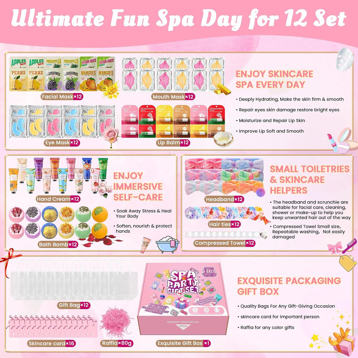 136 PCS Party Favors Bags for Eye Mask Lip Balm Hand Cream & Face Mask Skincare, Foot Spa Bath Bomb & Headband, Bachelorette Party, Retirement Graduation, Friendship, Sister & Birthday Gifts for Women