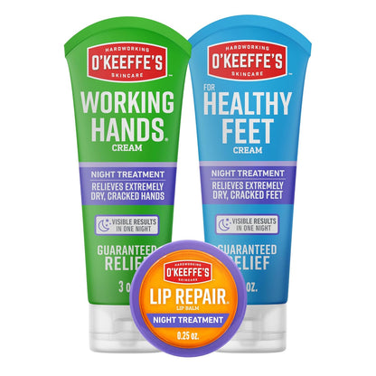 O'Keeffe's Night Treatment Combo Pack Including Working Hands Night Hand Cream, Healthy Feet Night Foot Cream and Lip Repair Night Lip Balm; Gift Idea