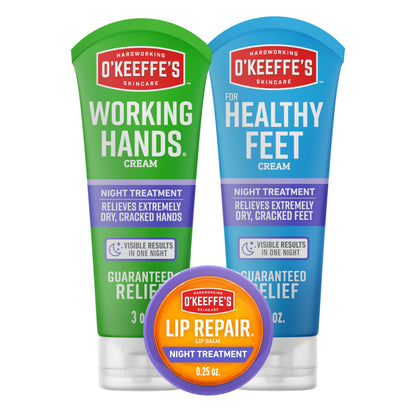 O'Keeffe's Night Treatment Combo Pack Including Working Hands Night Hand Cream, Healthy Feet Night Foot Cream and Lip Repair Night Lip Balm; Gift Idea