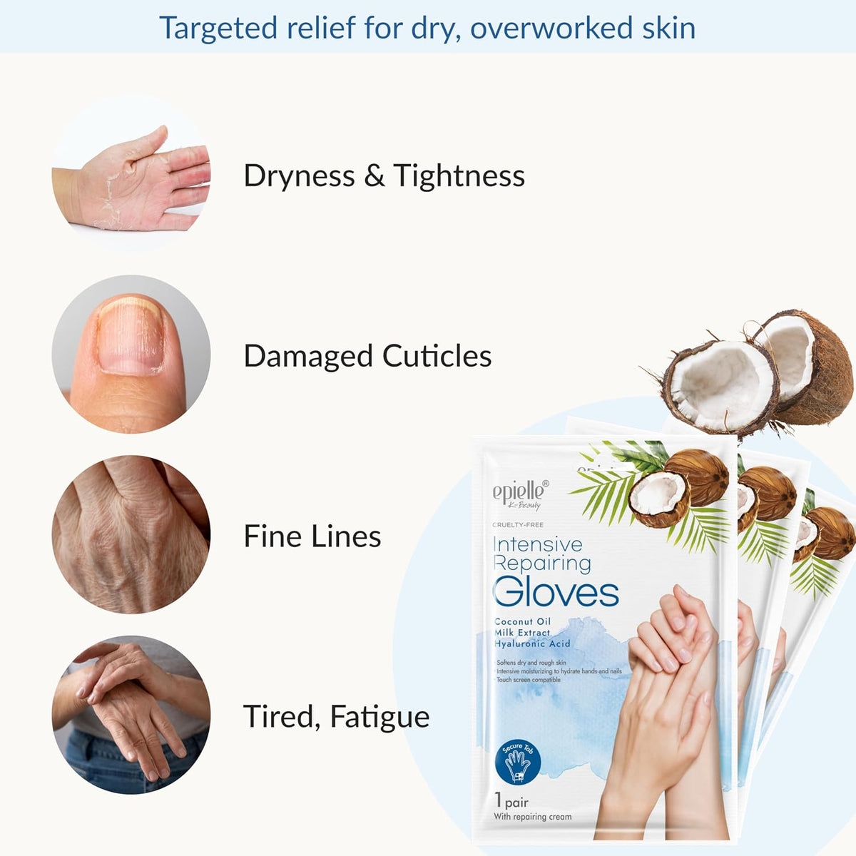Epielle Intensive Repairing Hand Mask 6 Pairs, Soften with Coconut Oil & Milk Extract, Deep Moisturizing Gloves for Dry, Rough Skin, Self Care Gifts for Women, Spa Kit