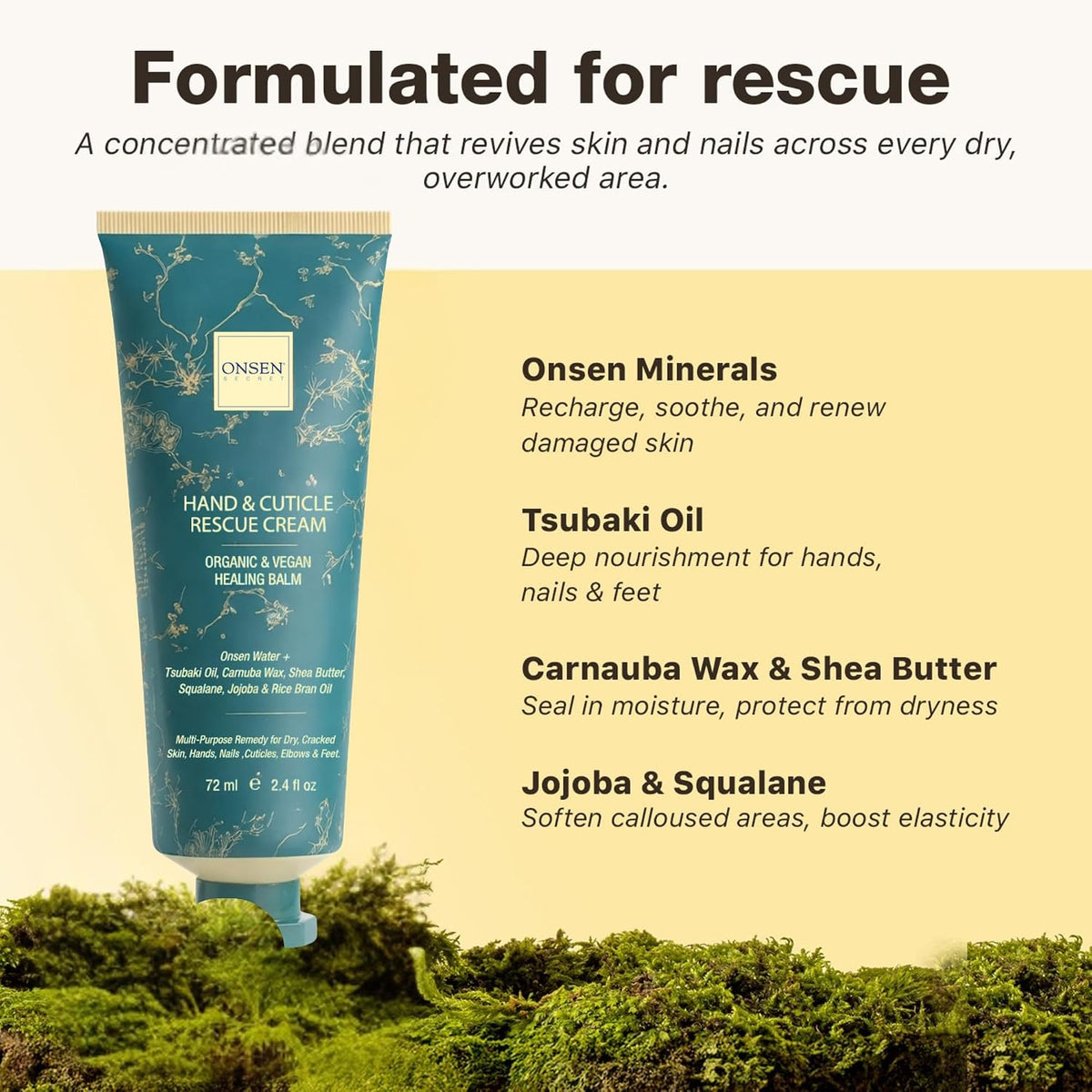 ONSEN Hand & Cuticle Rescue Cream | Organic Nail Strengthener & Balm | Dry, Cracked Hands, Elbows & Feet | Shea Butter, Tsubaki & Jojoba Oil | Nail Repair & Growth, Vegan - 1 Pack (2.4 fl. oz)