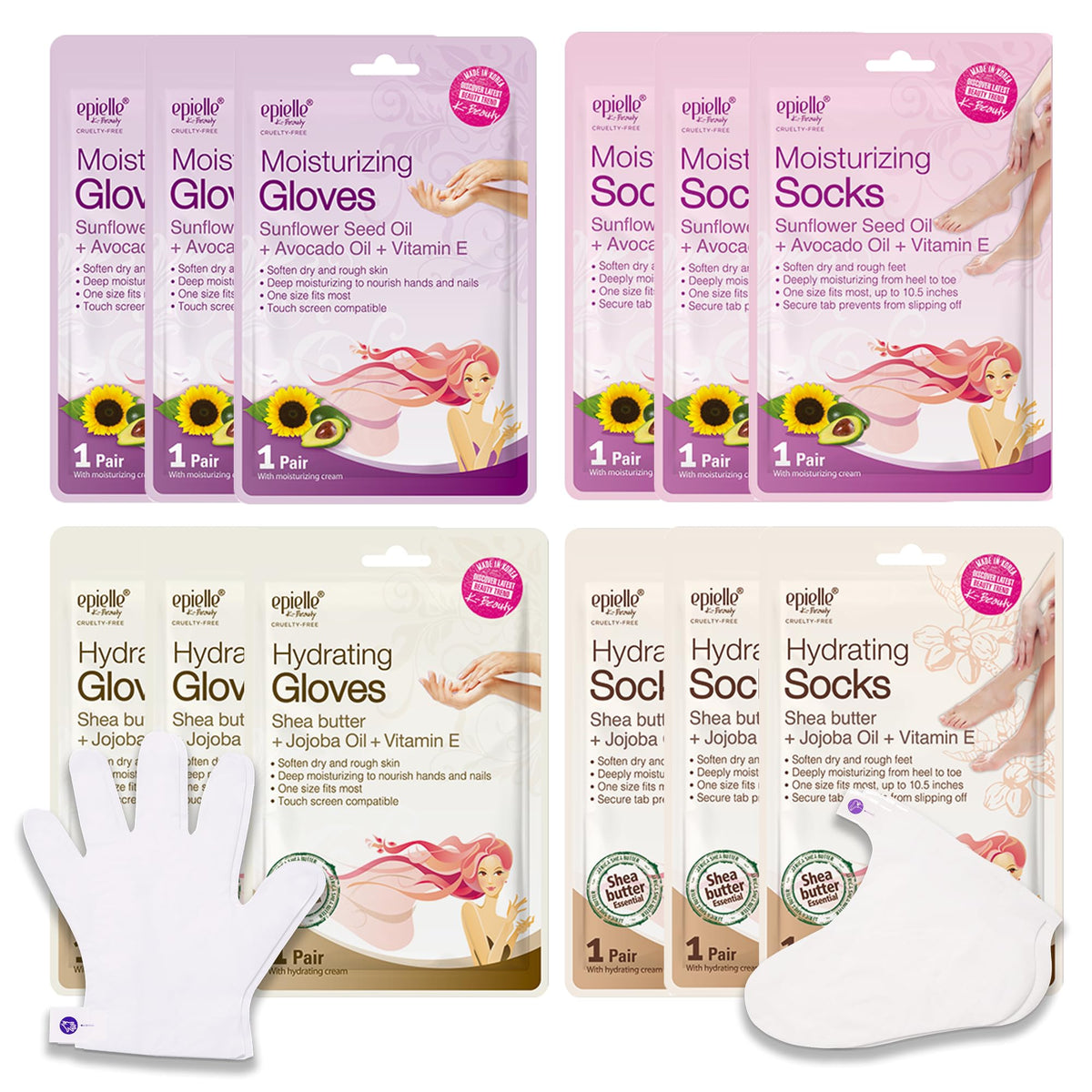 Epielle Moisturizing Hand Mask 6 Pairs, Soften with Sunflower Seed Oil & Vitamin E, Deep Moisturizing Gloves for Dry, Cracked Hands, Self Care Gifts for Women, Spa Kit