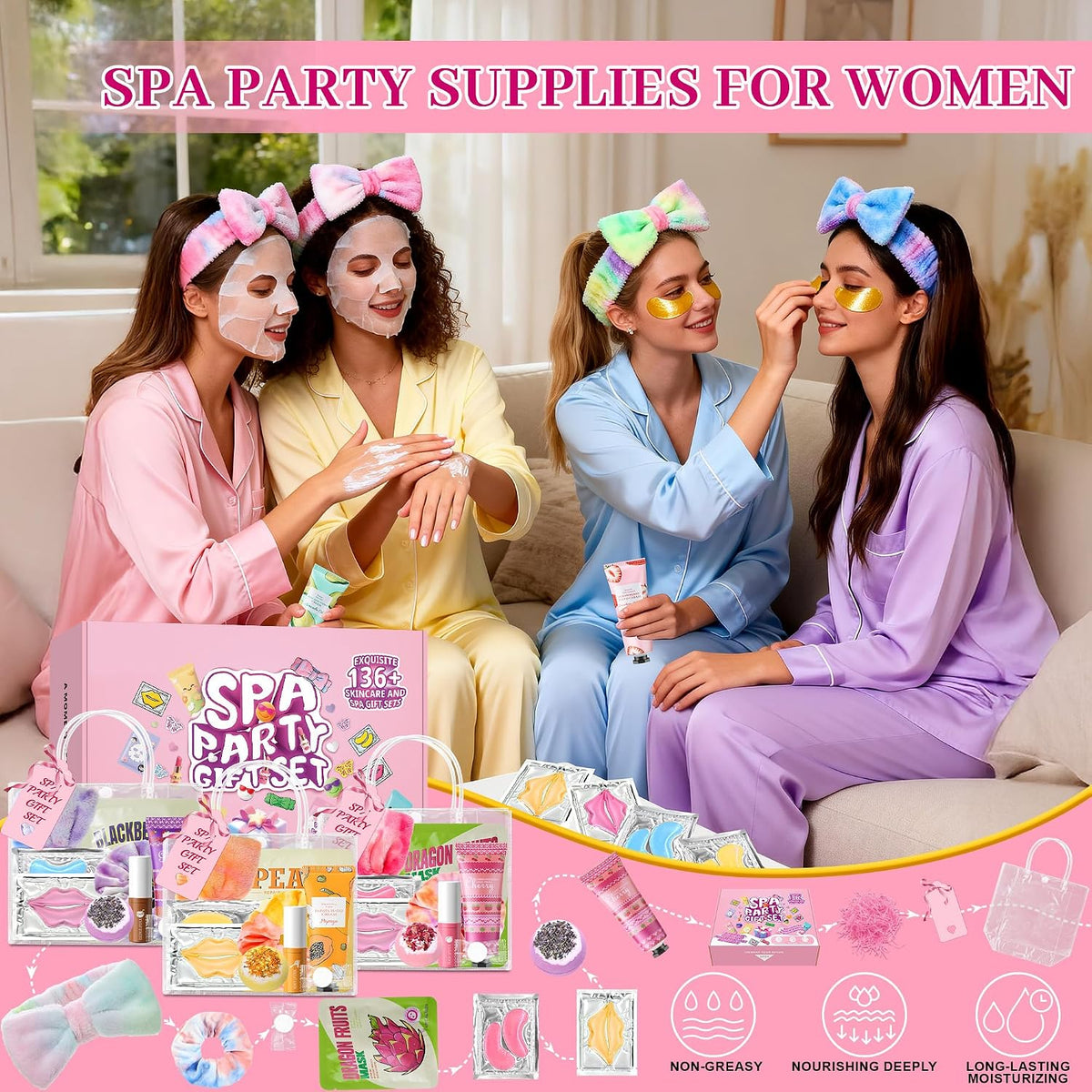 136 PCS Party Favors Bags for Eye Mask Lip Balm Hand Cream & Face Mask Skincare, Foot Spa Bath Bomb & Headband, Bachelorette Party, Retirement Graduation, Friendship, Sister & Birthday Gifts for Women