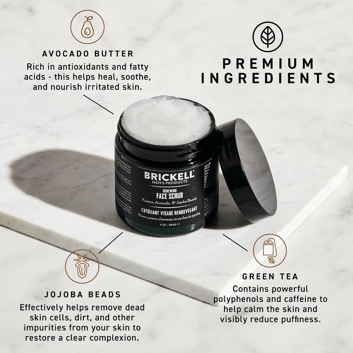 Brickell Men's Renewing Face Scrub for Men, Deep Exfoliating Facial Scrub Formulated with Pumice, Caffeine and Jojoba Beads, 4 Ounce, Scented