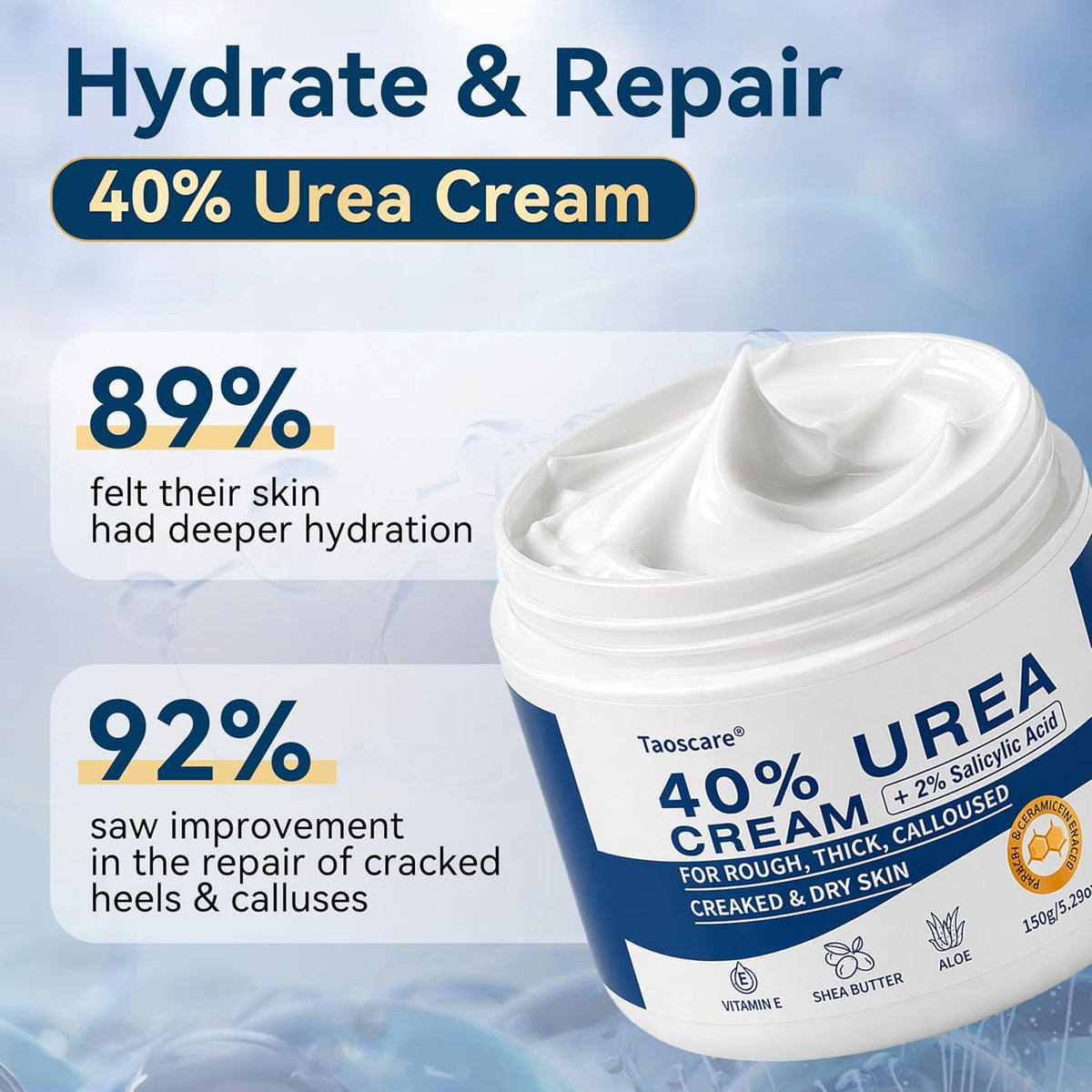 40% Urea Cream with 2% Salicylic Acid, Maximum Strength Foot Hand Cream, Intensive Repair Moisturizer for Dry Cracked Heels Knees Elbows, Exfoliating Callus Remover for Rough Thick Skin