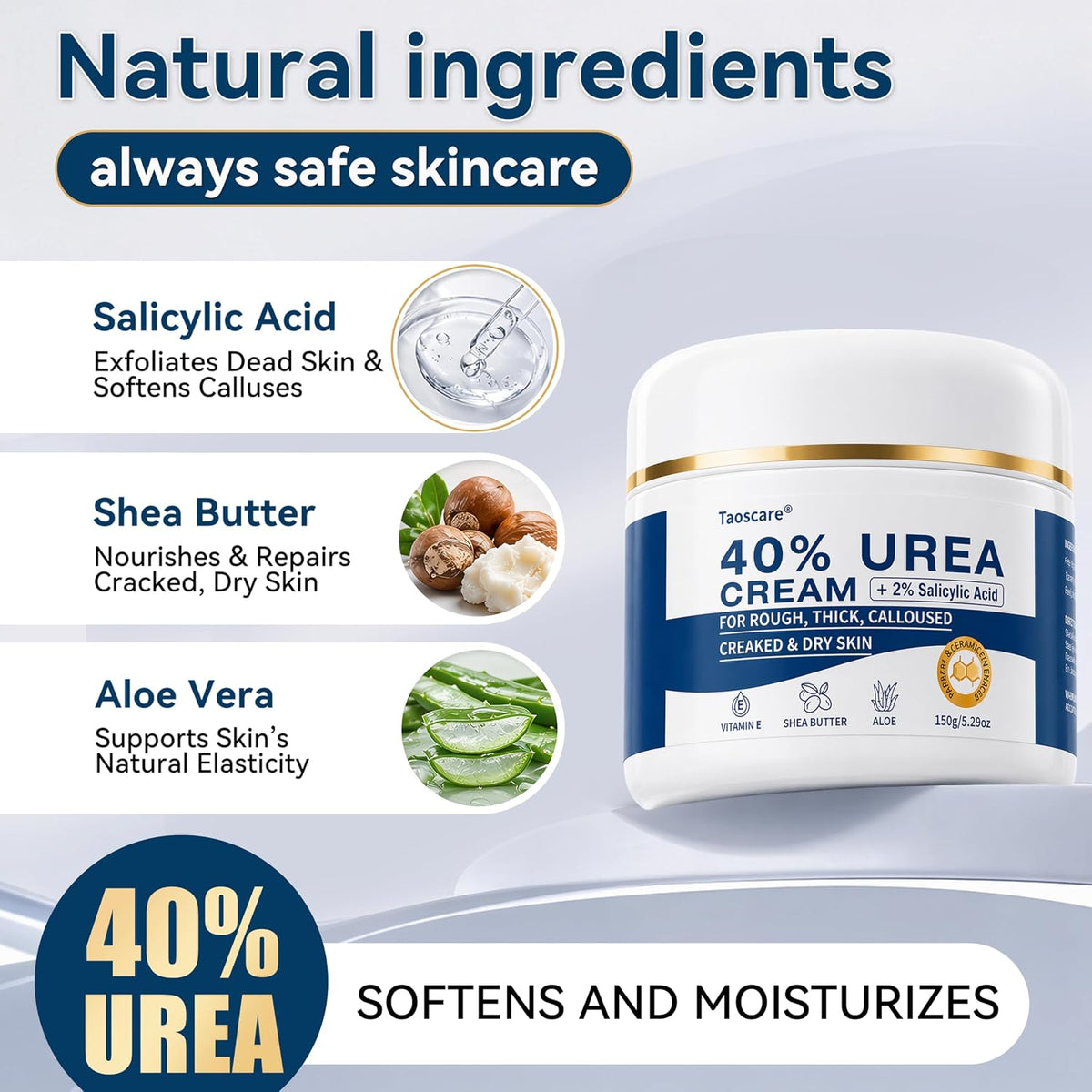40% Urea Cream with 2% Salicylic Acid, Maximum Strength Foot Hand Cream, Intensive Repair Moisturizer for Dry Cracked Heels Knees Elbows, Exfoliating Callus Remover for Rough Thick Skin