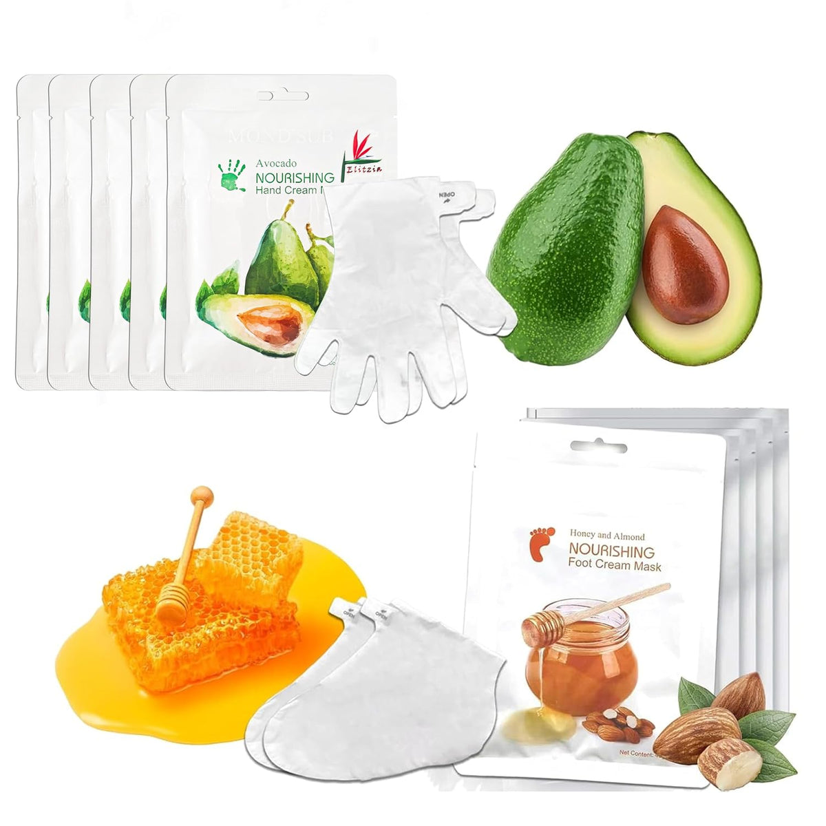 Elitzia Hand & Foot Mask Avocado & Honey Almond 10 Packs Moisturizing