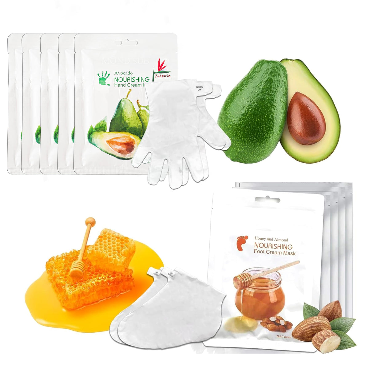 Elitzia Hand & Foot Mask Avocado & Honey Almond 10 Packs Moisturizing