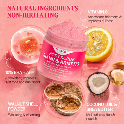 Bikini Area Exfoliator with 10% AHAs BHA & Vitamin C, Exfoliating Body Scrub for Ingrown Hair and Underarm Bumps, Dark Spots, Moisturize Brighten Soothe & Even Skin Tone, Sensitive Skin Safe, 7.76 oz