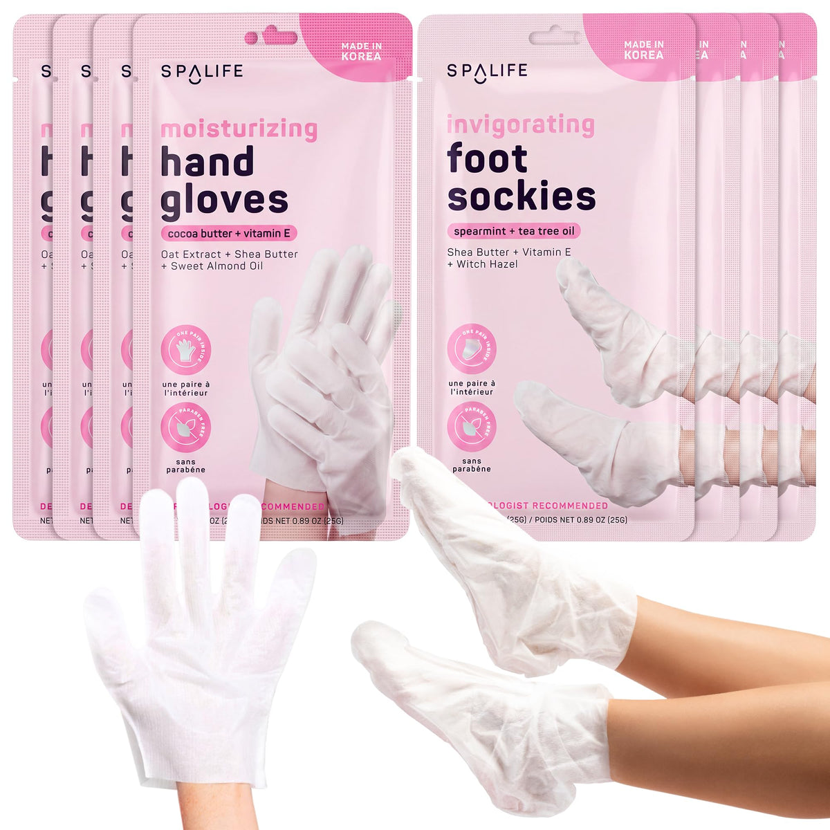 SpaLife Moisturizing Hand Gloves & Foot Mask Socks | Korean Skincare Set for Dry Cracked Hands & Dry Cracked Feet Callus Remover Alternative | Self Care Gifts for Women | 4 Hand, 4 Foot