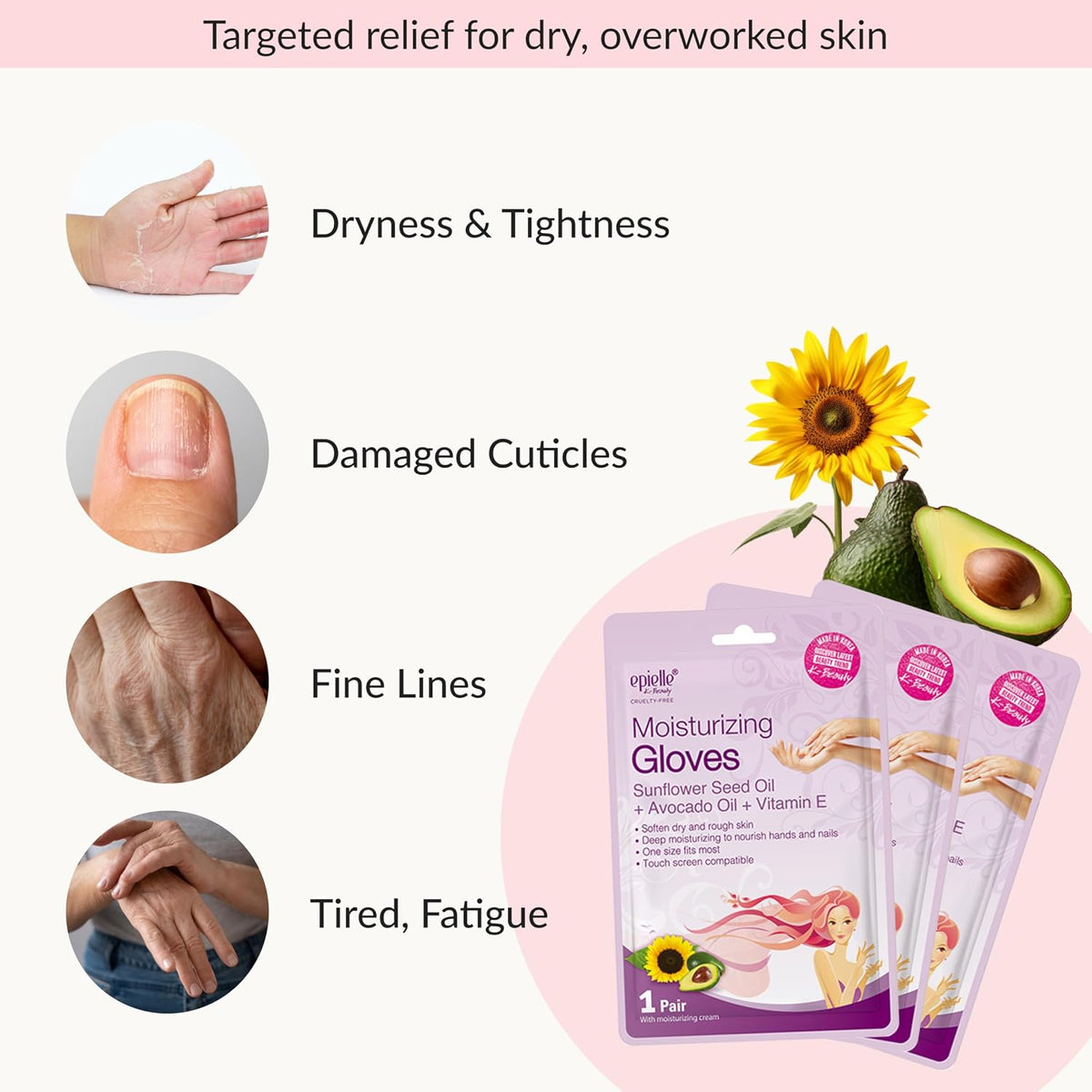 Epielle Moisturizing Hand Mask 6 Pairs, Soften with Sunflower Seed Oil & Vitamin E, Deep Moisturizing Gloves for Dry, Cracked Hands, Self Care Gifts for Women, Spa Kit