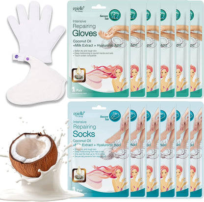 Epielle Intensive Repairing Hand & Foot Masks, Restore and Moisturize Dry, Cracked Skin, Self Care Gifts for Women, Spa Kit, 6 Moisturizing Gloves & 6 Moisturizing Socks