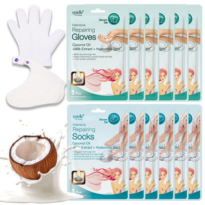 Epielle Intensive Repairing Hand & Foot Masks, Restore and Moisturize Dry, Cracked Skin, Self Care Gifts for Women, Spa Kit, 6 Moisturizing Gloves & 6 Moisturizing Socks
