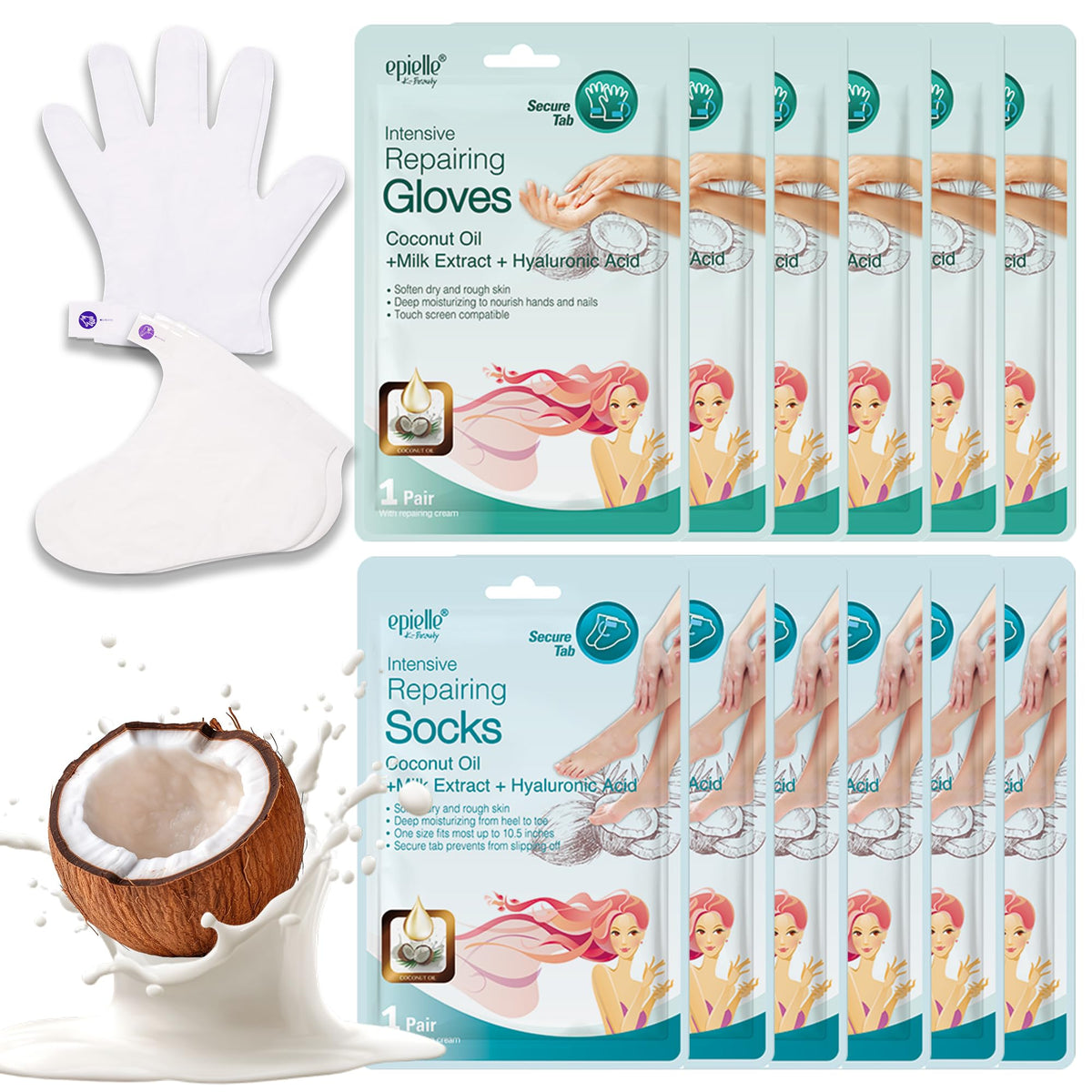 Epielle Intensive Repairing Hand Mask 6 Pairs, Soften with Coconut Oil & Milk Extract, Deep Moisturizing Gloves for Dry, Rough Skin, Self Care Gifts for Women, Spa Kit