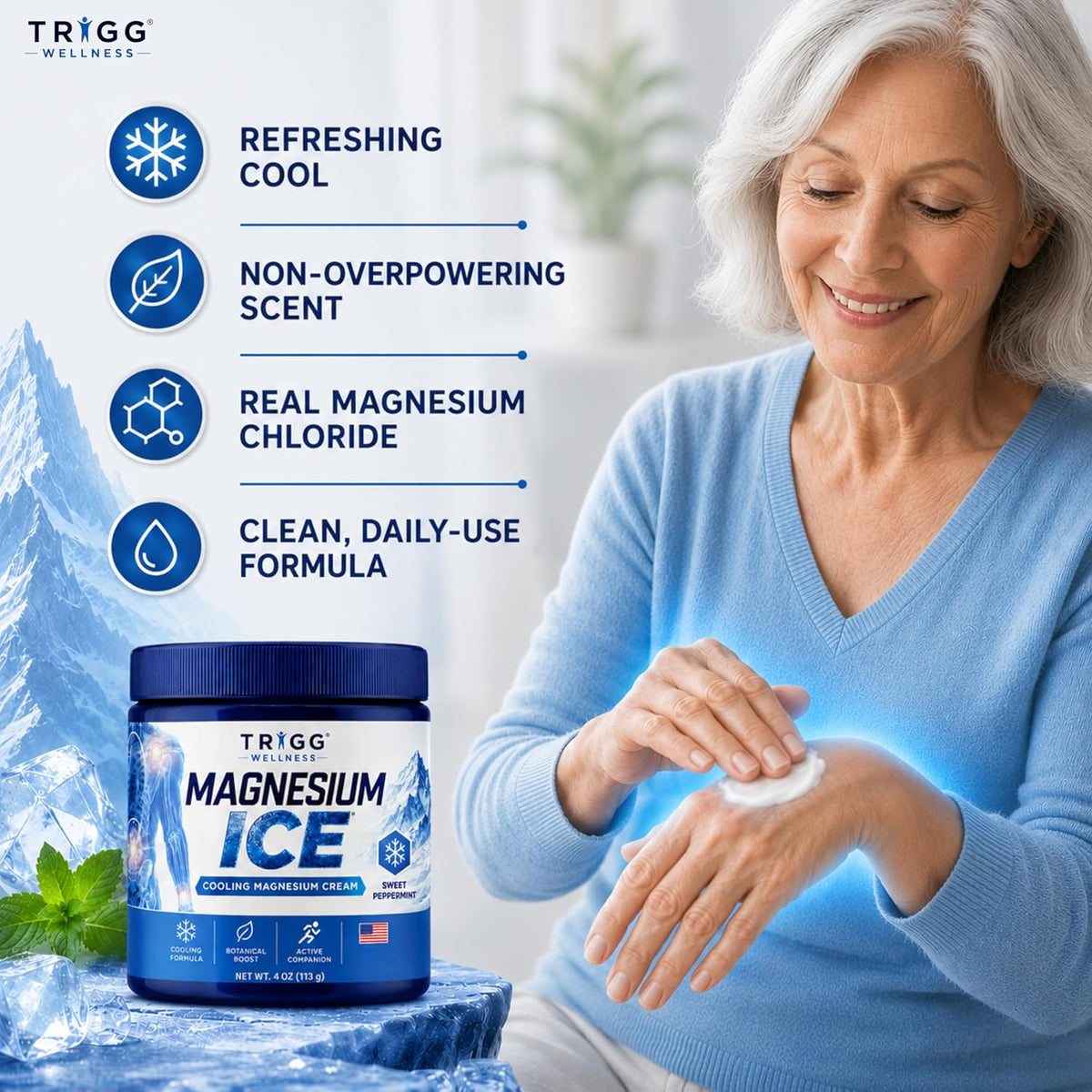 Magnesium Ice - Magnesium Cream - Cooling Formula with Arnica, Aloe, Lavender - Hands, Legs, Foot & More - Lightweight, Non-Greasy Massage Lotion - Sweet Peppermint - 4oz