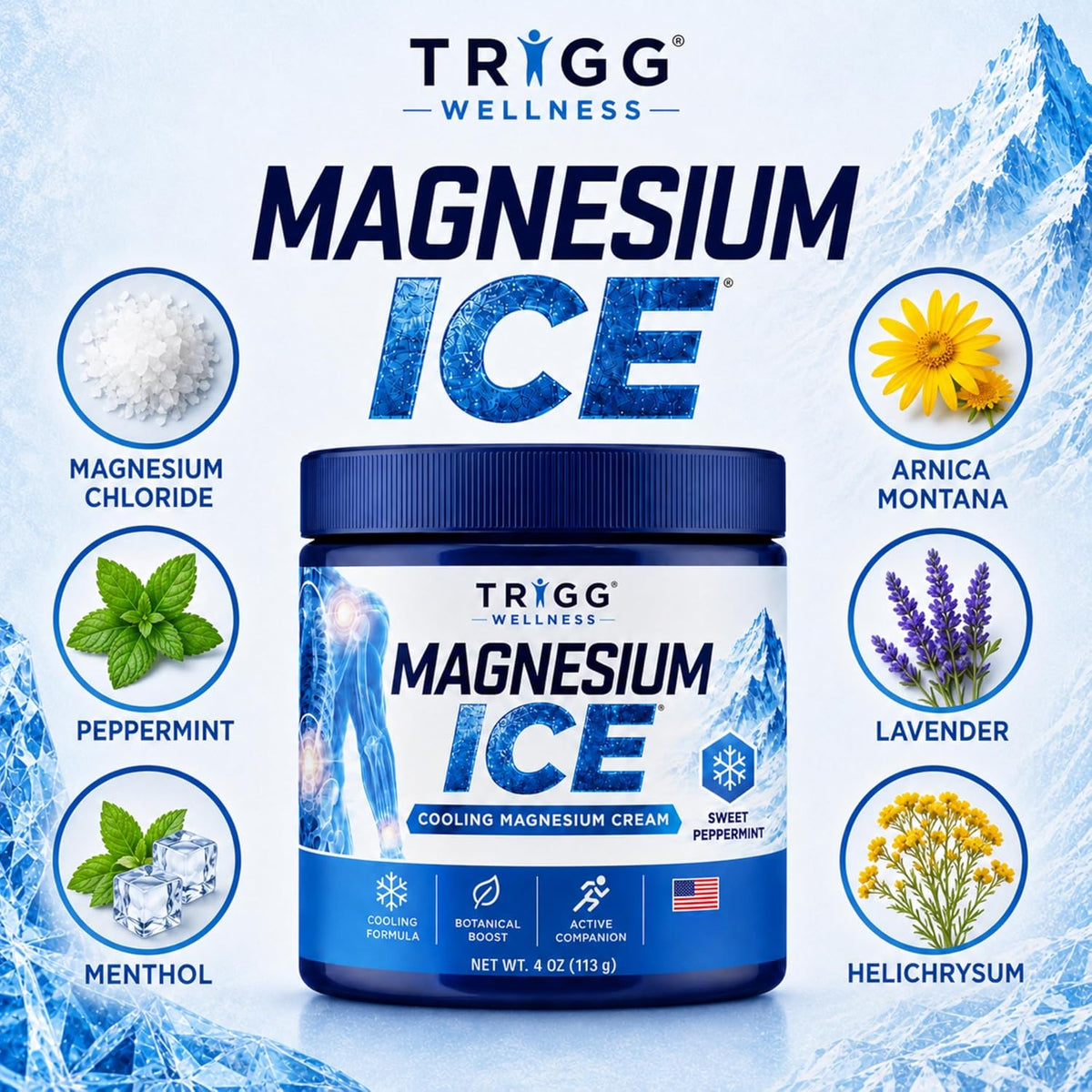 Magnesium Ice - Magnesium Cream - Cooling Formula with Arnica, Aloe, Lavender - Hands, Legs, Foot & More - Lightweight, Non-Greasy Massage Lotion - Sweet Peppermint - 4oz