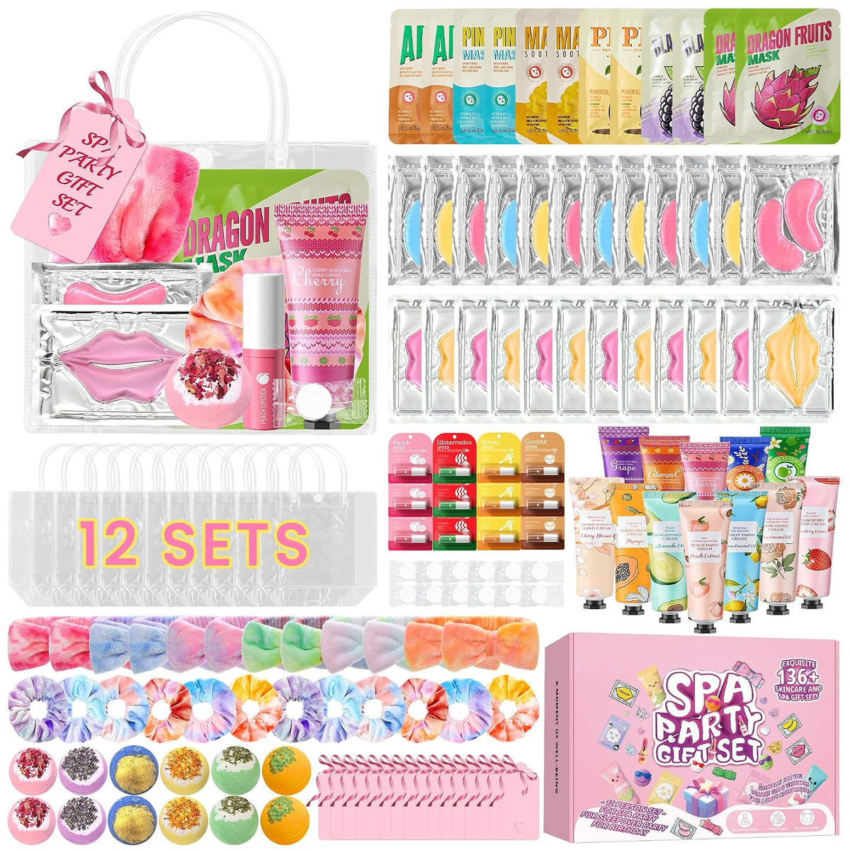 136 PCS Party Favors Bags for Eye Mask Lip Balm Hand Cream & Face Mask Skincare, Foot Spa Bath Bomb & Headband, Bachelorette Party, Retirement Graduation, Friendship, Sister & Birthday Gifts for Women